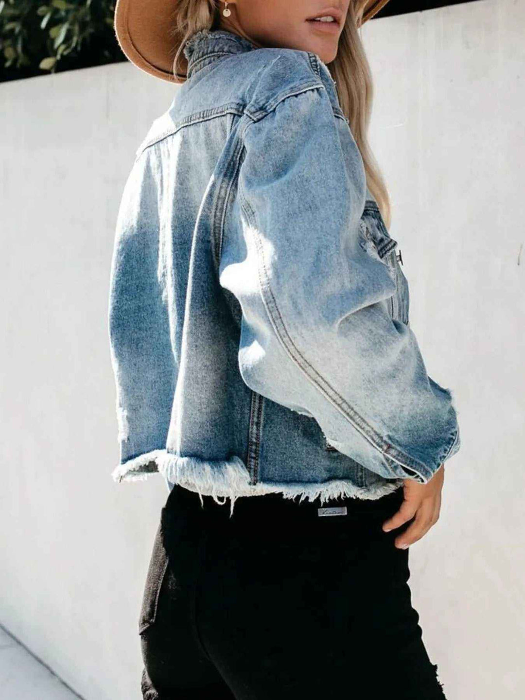 Distressed Denim Jacket for Women – Raw Hem, Trendy Fit
