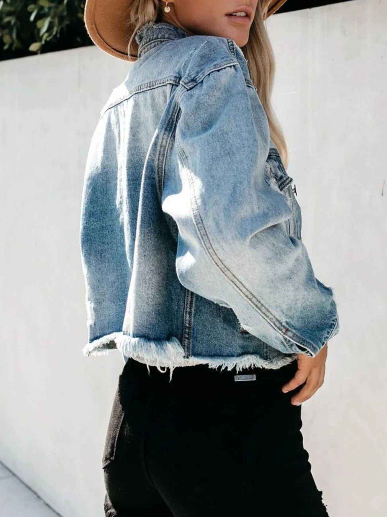 Distressed Denim Jacket for Women – Raw Hem, Trendy Fit