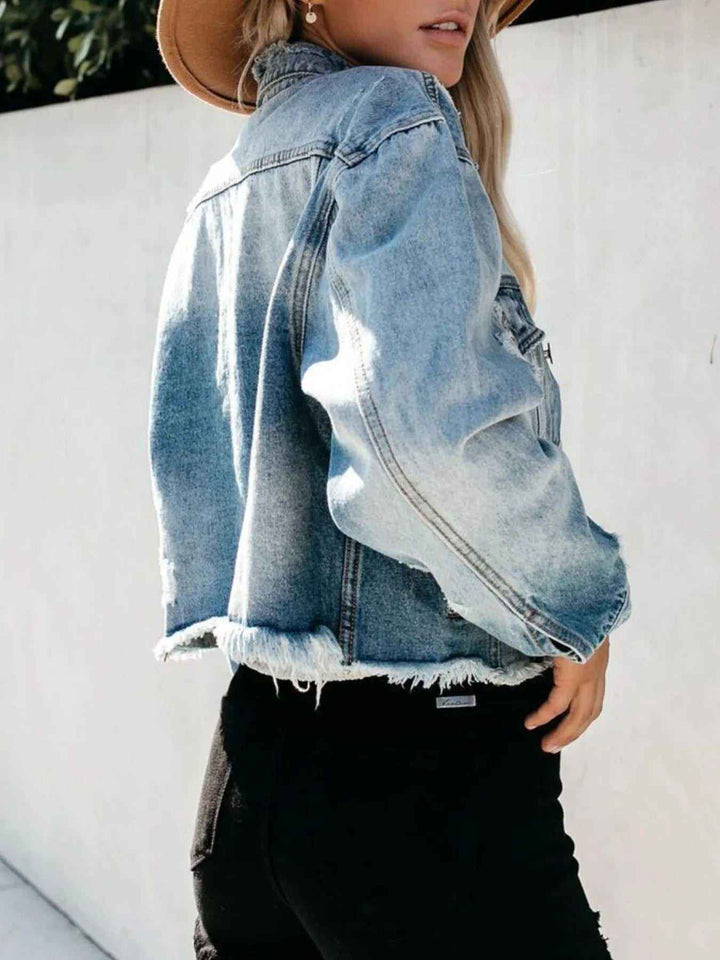 Distressed Denim Jacket for Women – Raw Hem, Trendy Fit