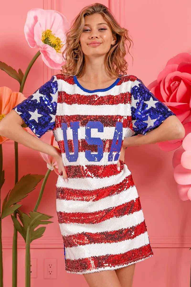 USA Flag Sequin Dress - Patriotic Sparkle for July 4th
