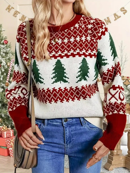 Festive Christmas Tree Round Neck Sweater: Slightly Stretchy Ribbed Knit in Vibrant Patterns