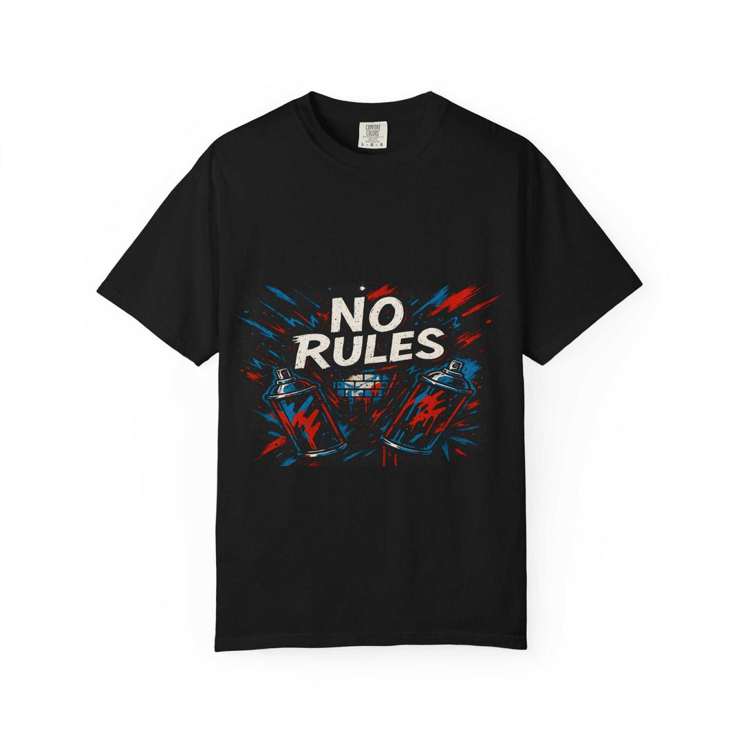 Black unisex tee with No Rules spray paint graphic