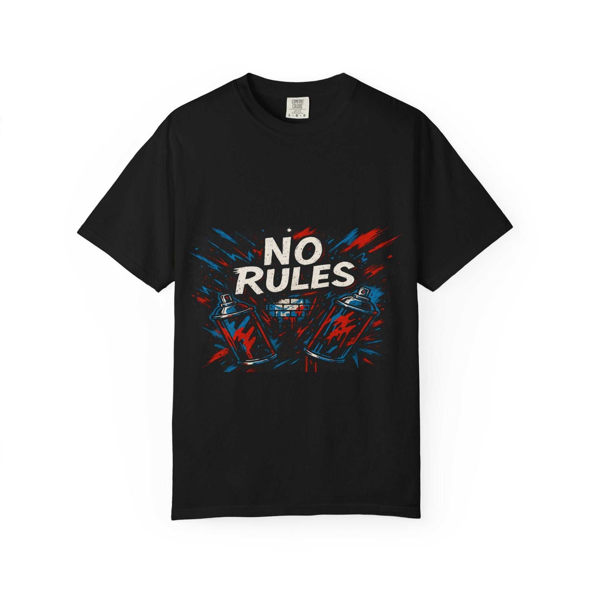 Black unisex tee with No Rules spray paint graphic