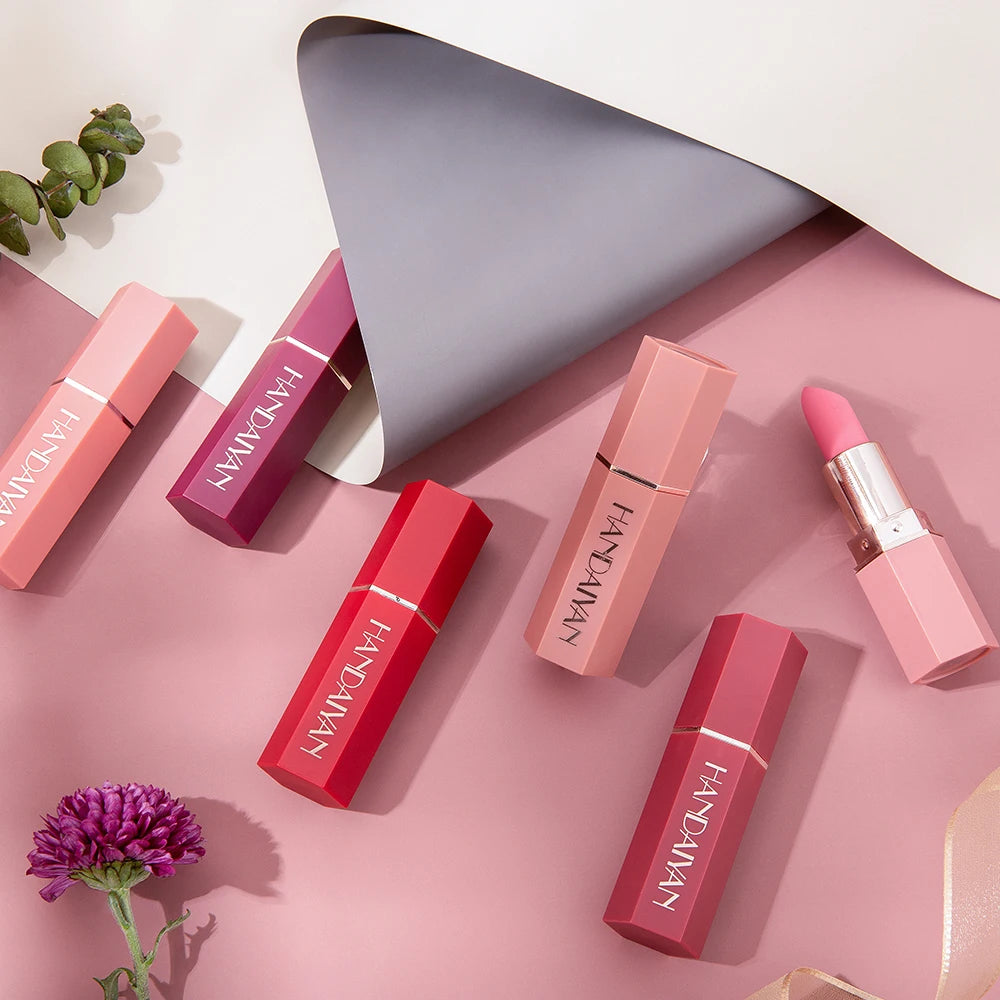 Flat-lay of 6 shades – matte lipstick for every mood