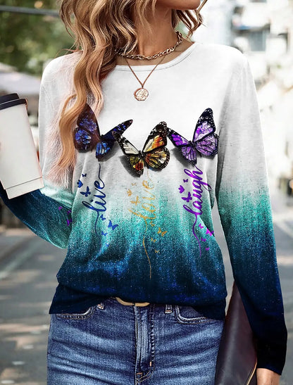Flat Lay of Folded Floral Butterfly 3D Print Long Sleeve T-Shirt with Accessories