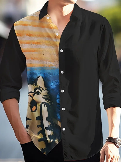 Flat lay of Hawaiian Style Men’s Long Sleeve Shirt beside straw hat and sunglasses, ready for effortless vacation packing.     