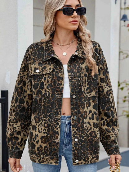 Leopard Print Oversized Denim Jacket for Women