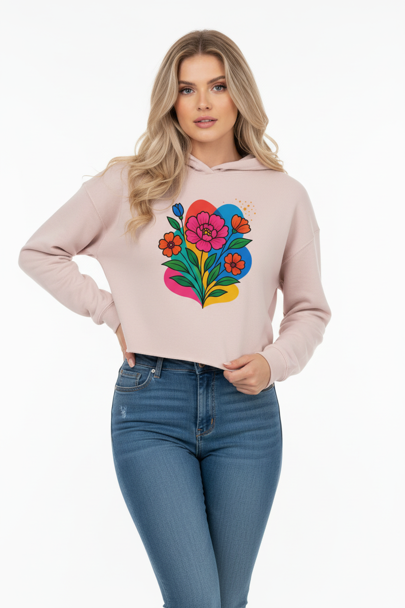 Floral Cropped Hoodie Women Cotton Streetwear Outfit Xs