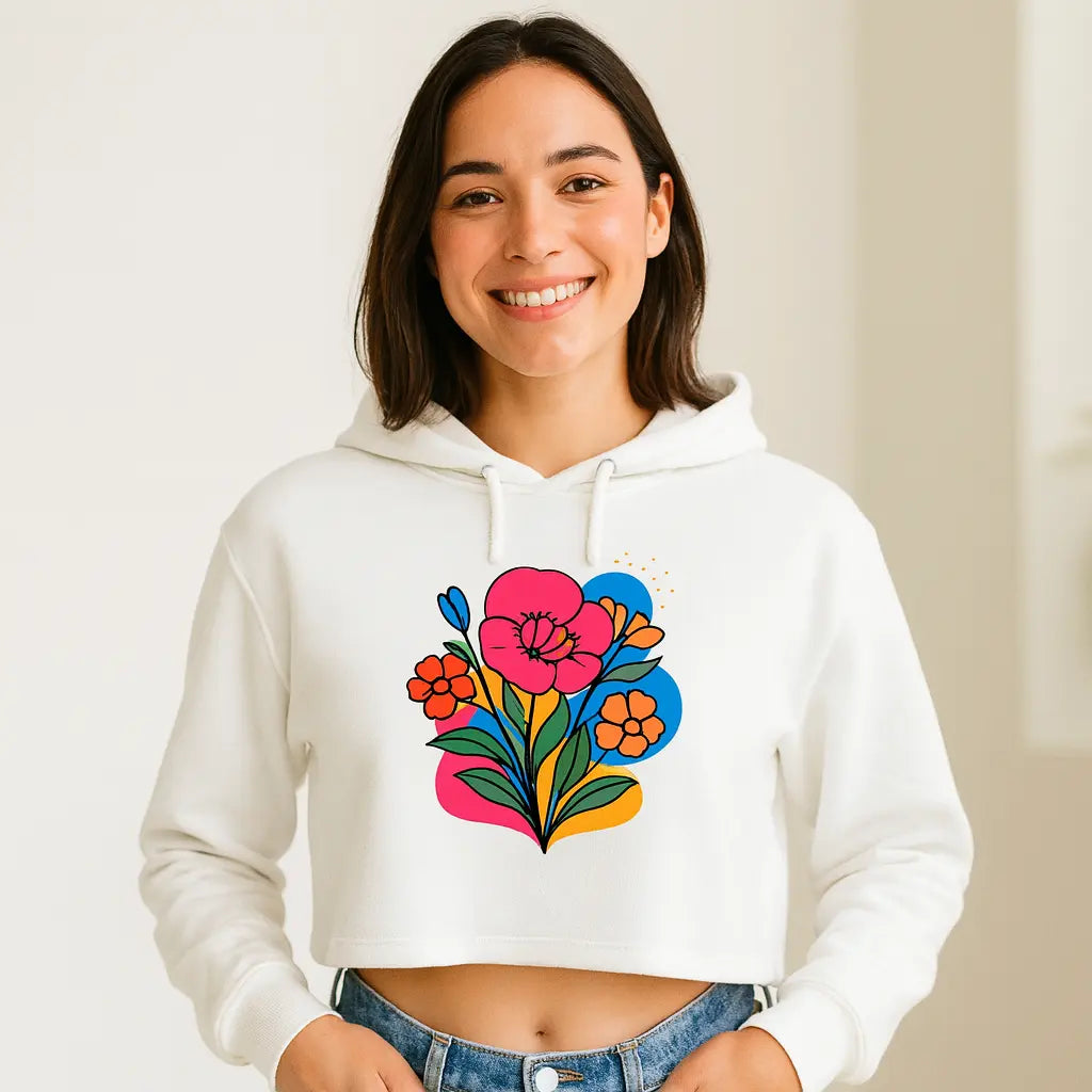 Floral cropped hoodie – model walking outdoors streetwear look