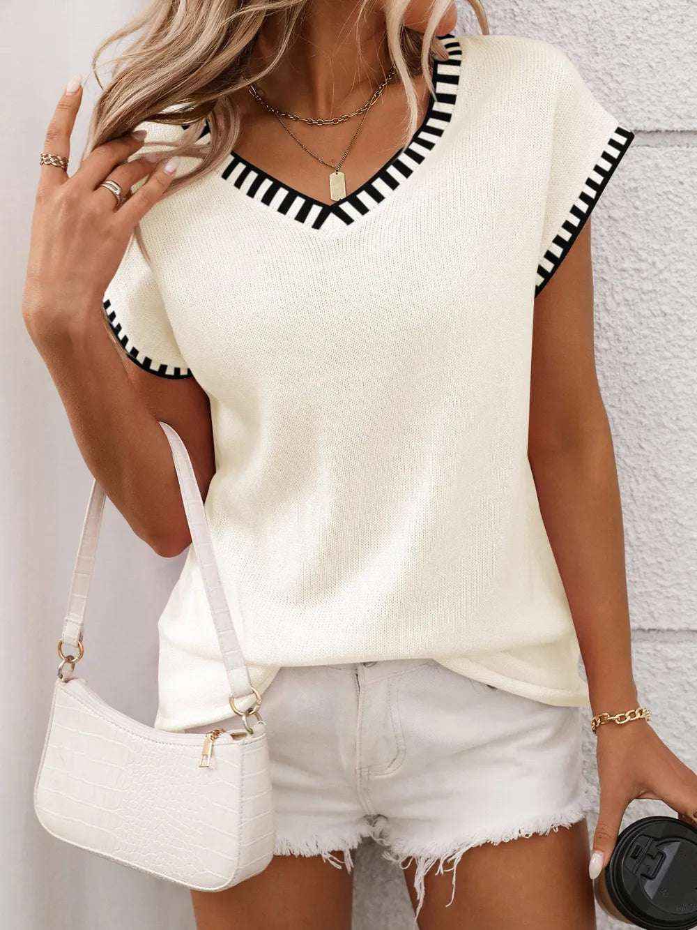 Contrast Trim V-Neck Knit Top for Women