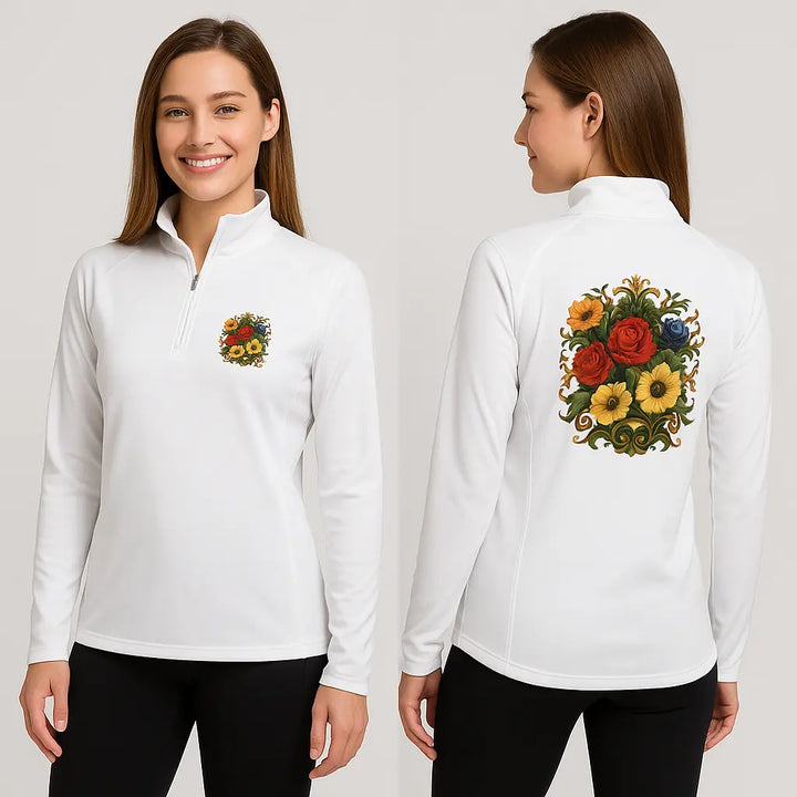Back view – Floral Ladies Quarter-Zip Pullover featuring bold full-back floral print, dropped-tail coverage and comfy cadet collar