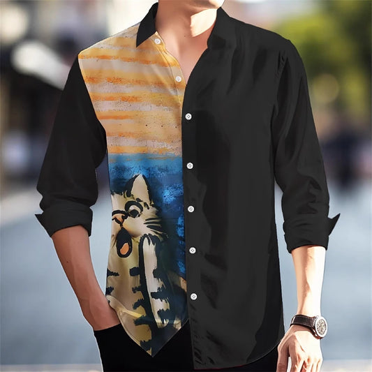 Front view of Hawaiian Style Men’s Long Sleeve Shirt featuring bold hibiscus flowers and loose cardigan fit, glowing in sunset light.

