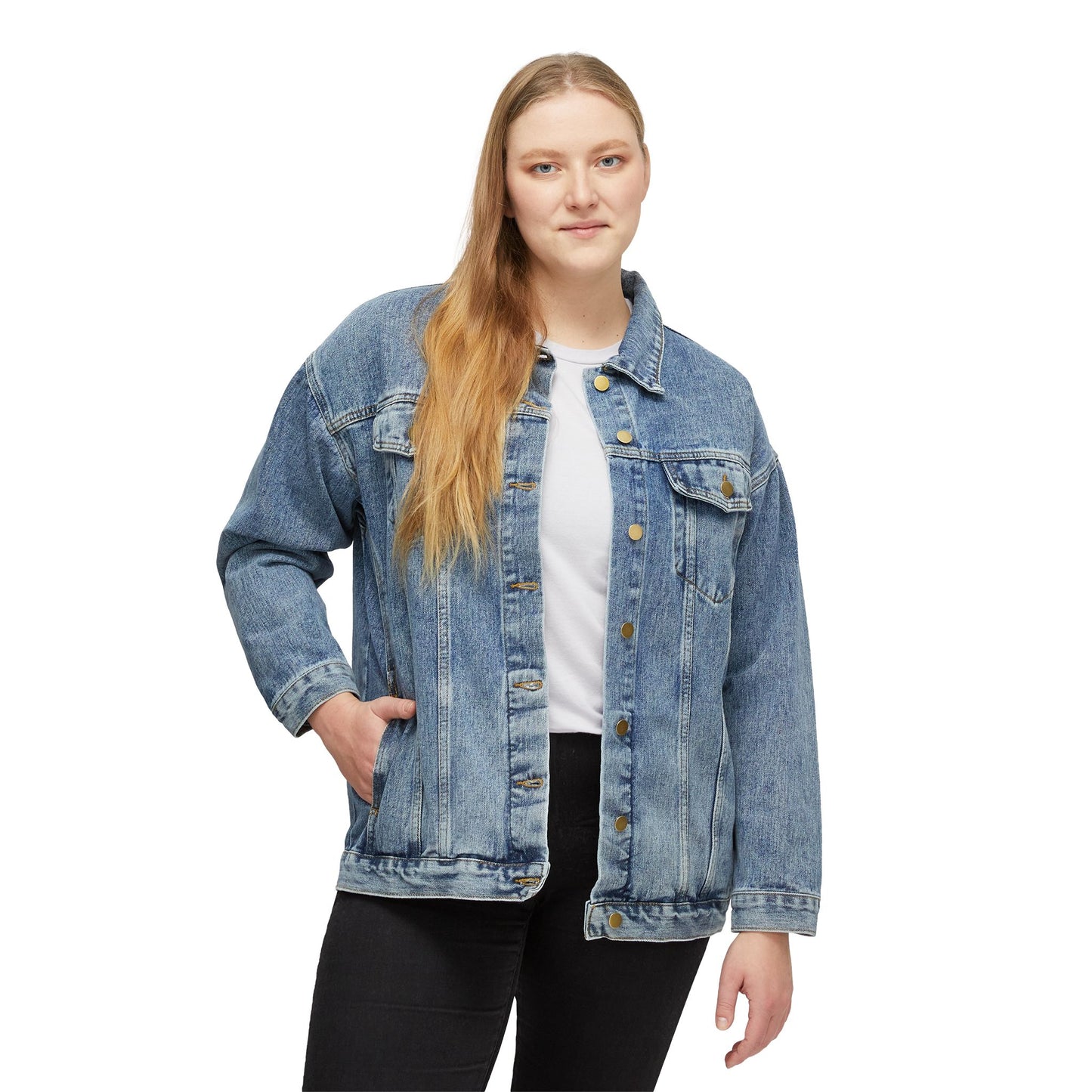 Front view of classic button-front Women’s Denim Jacket

