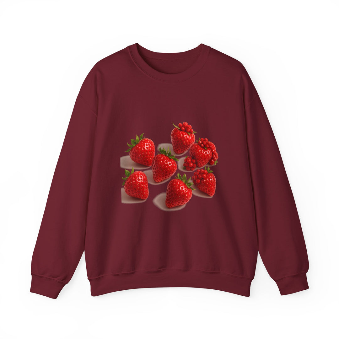 Front view of strawberry sweatshirt duo – soft fabric and fun design

