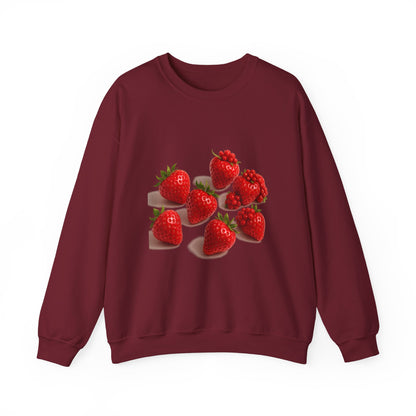 Front view of strawberry sweatshirt duo – soft fabric and fun design


