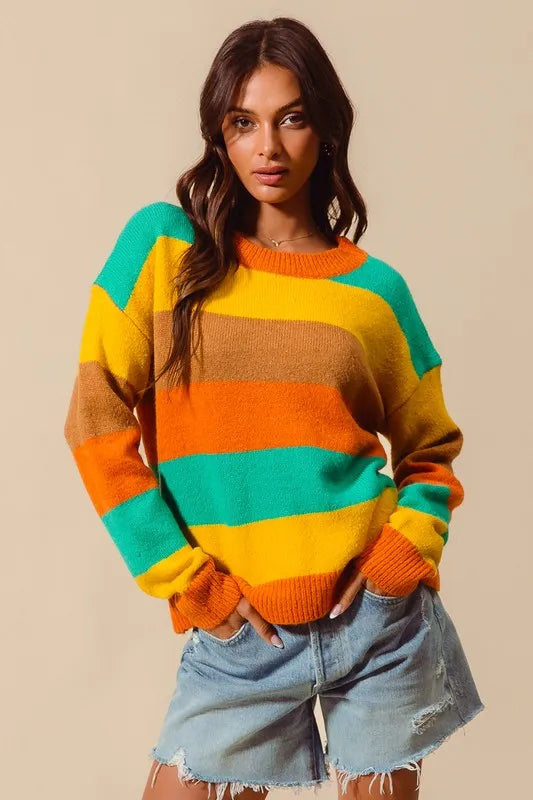 Front view of the multi color stripe sweater – vibrant ribbed knit for women