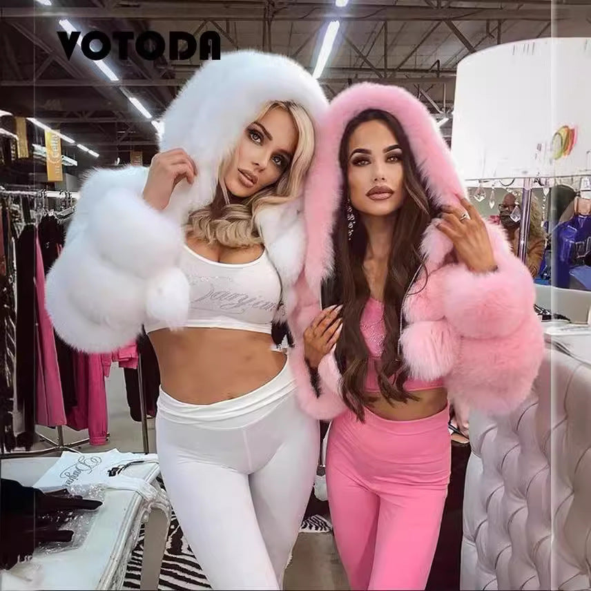 Front view – short hooded faux fur coat, plush finish, S–6XL