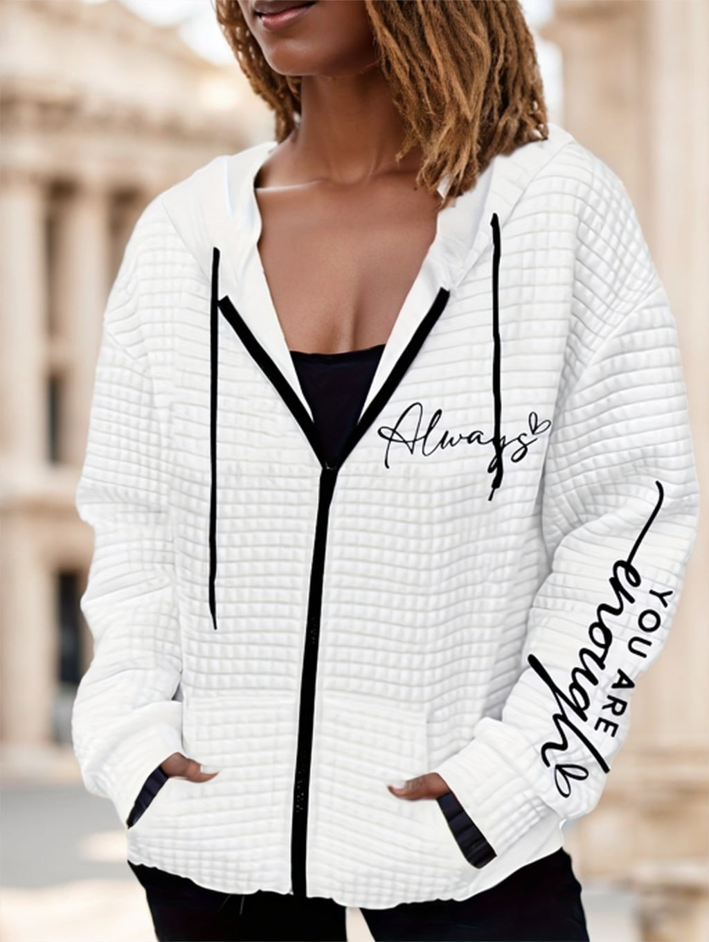 Full-Zip Hoodie Shown Half-Open for Layering Ease

