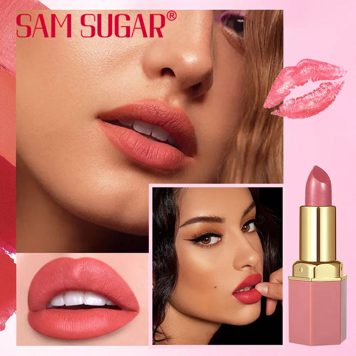 Gold Bar Lipstick flatlay – full 6-color lineup with caps off