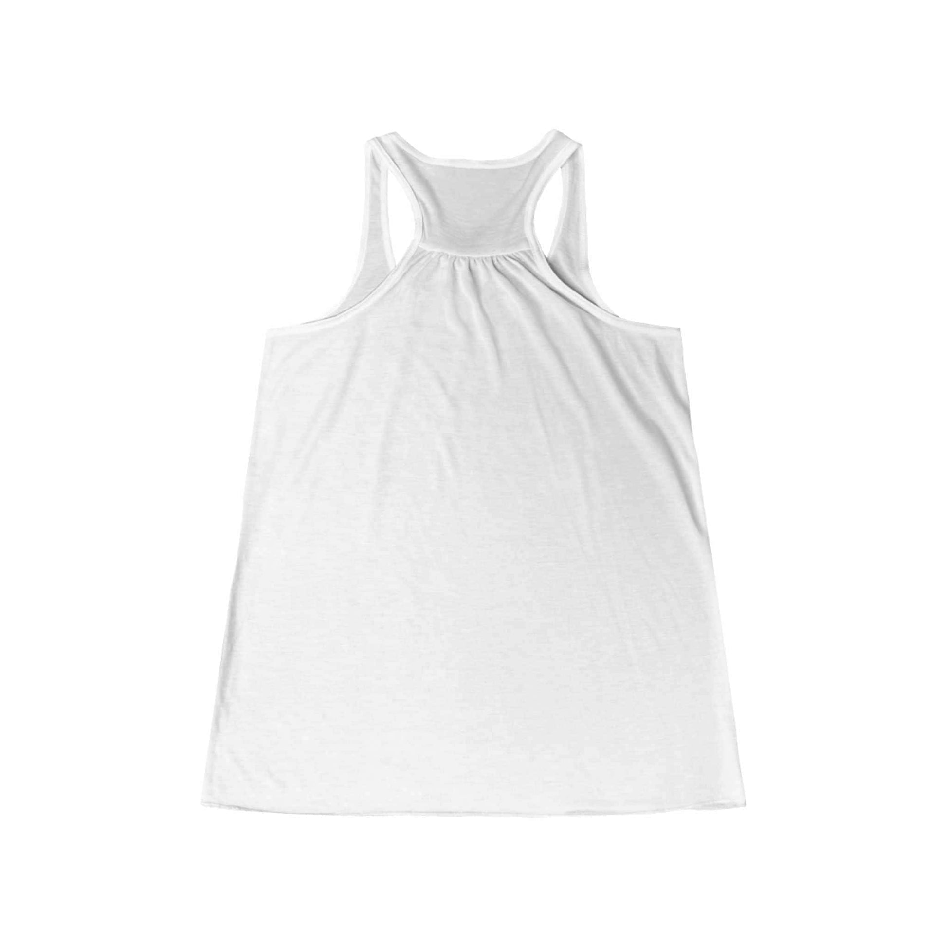 White women's flowy racerback tank top back view