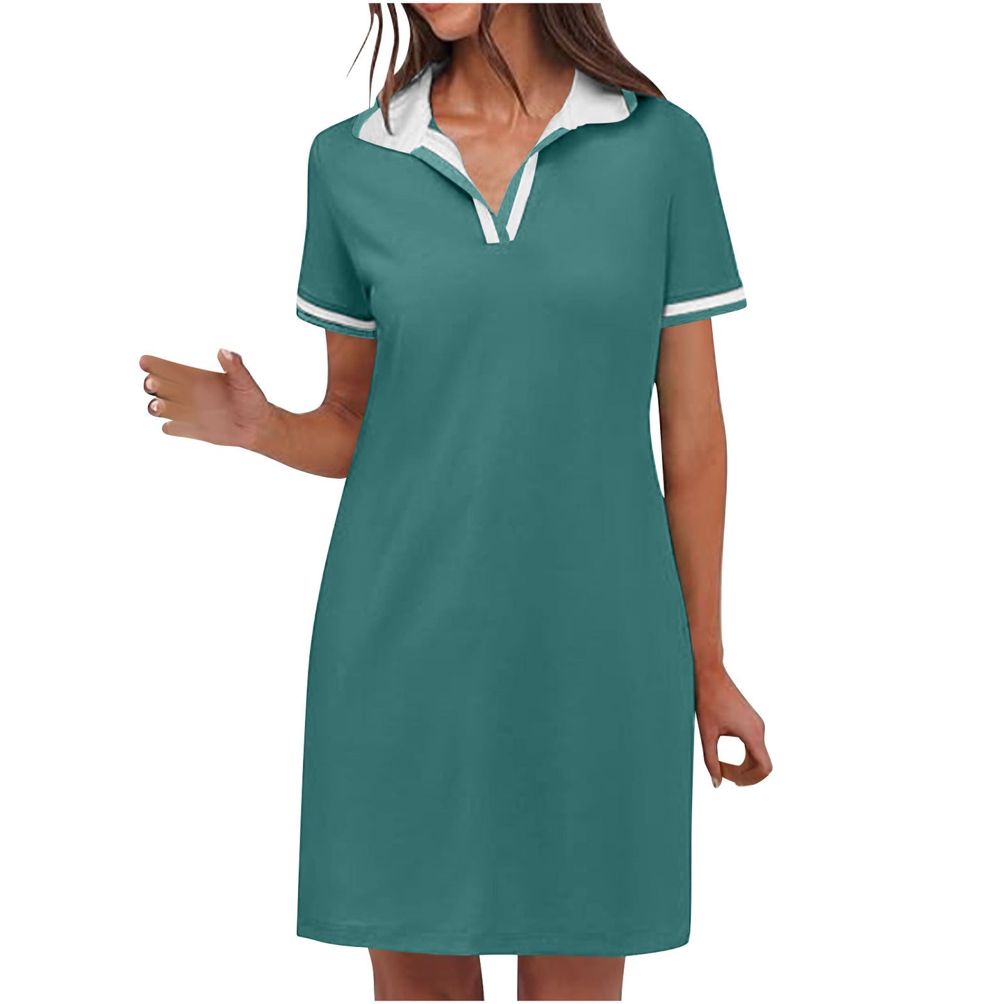 Grass Green Short Sleeve V-Neck Casual Dress for Women – Fresh Splicing Details