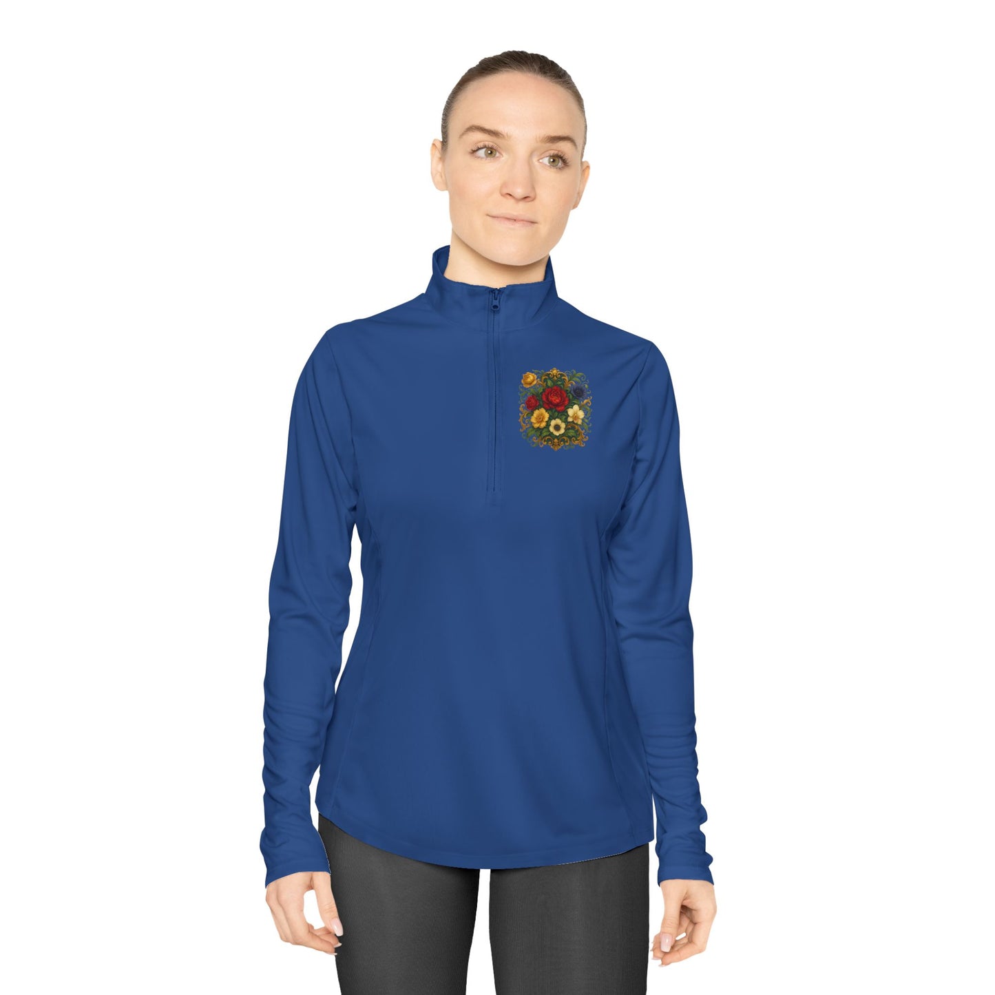 Gym to street: Floral Ladies Quarter-Zip Pullover with cadet collar and dropped tail