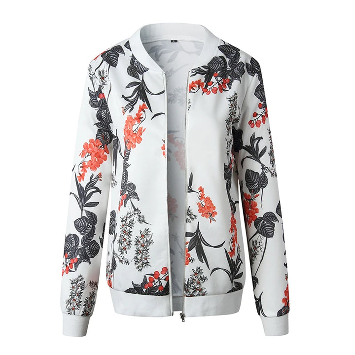 White botanical jacket front view on a white background, showing red blossoms, black leaves and white ribbed trim on display.