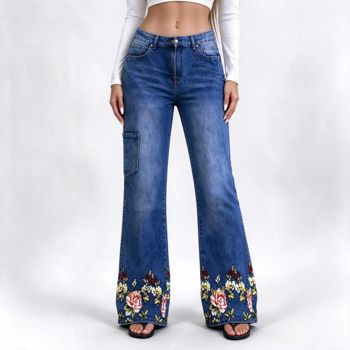 Floral Embroidered Jeans for Women with High Waist