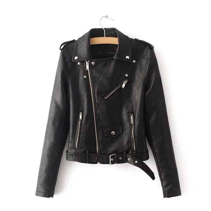 Black belted jacket on a hanger, front view showing snap lapels, shoulder tabs, angled zipper and the buckle belt at the hem.