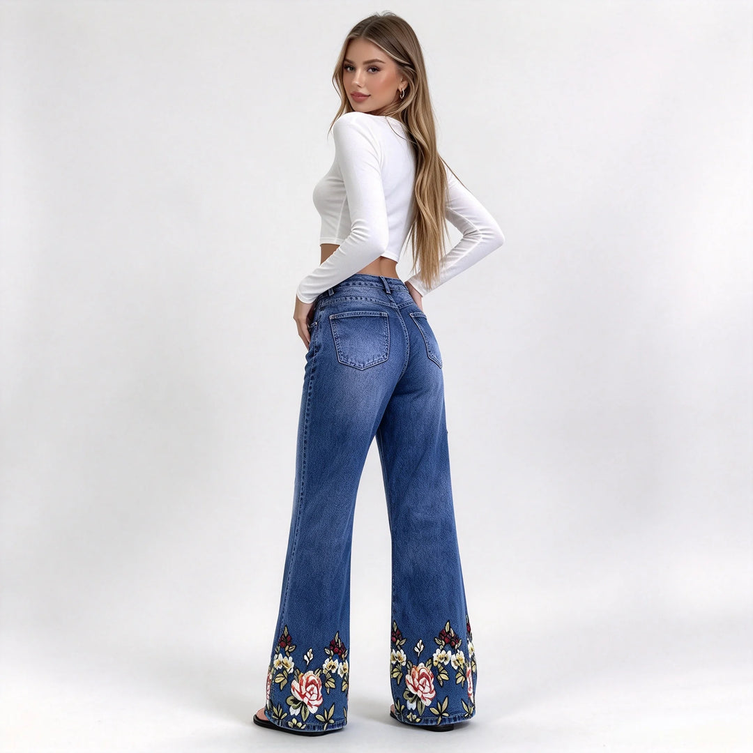 Floral Embroidered Jeans for Women with High Waist