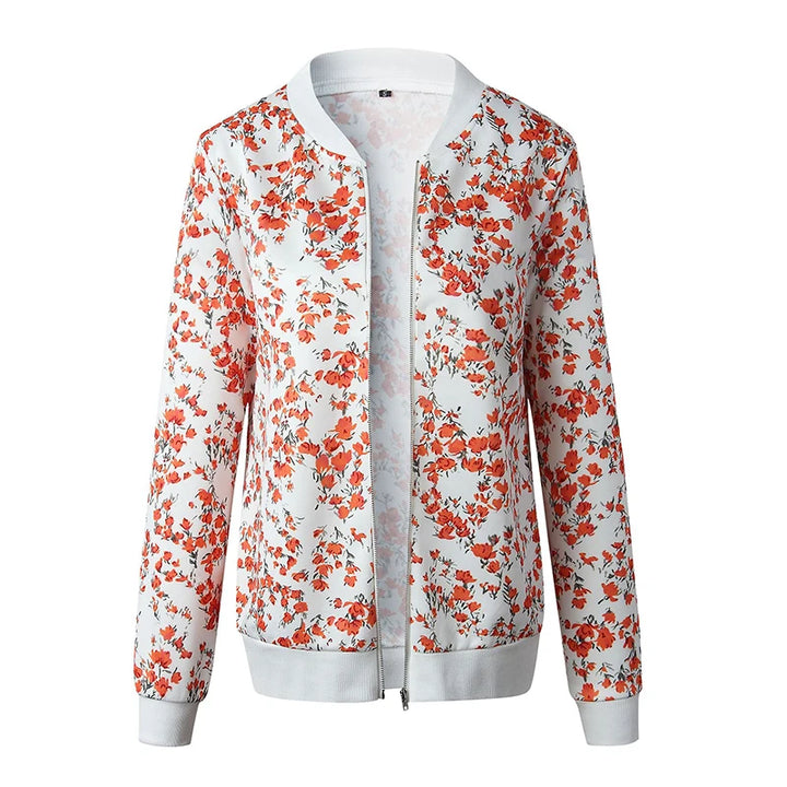 Flower White jacket front view on white, with small coral-red flowers, fine grey foliage and white ribbed trim for reference.