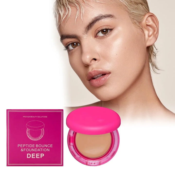 Blonde adult model beside a pink foundation compact and matching carton marked DEEP, showing the supplied product photograph.