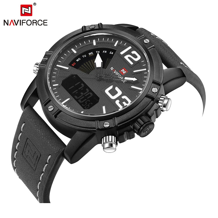Charcoal leather strap watch with white dial numerals and stitching, dark case and digital screen against a white background.