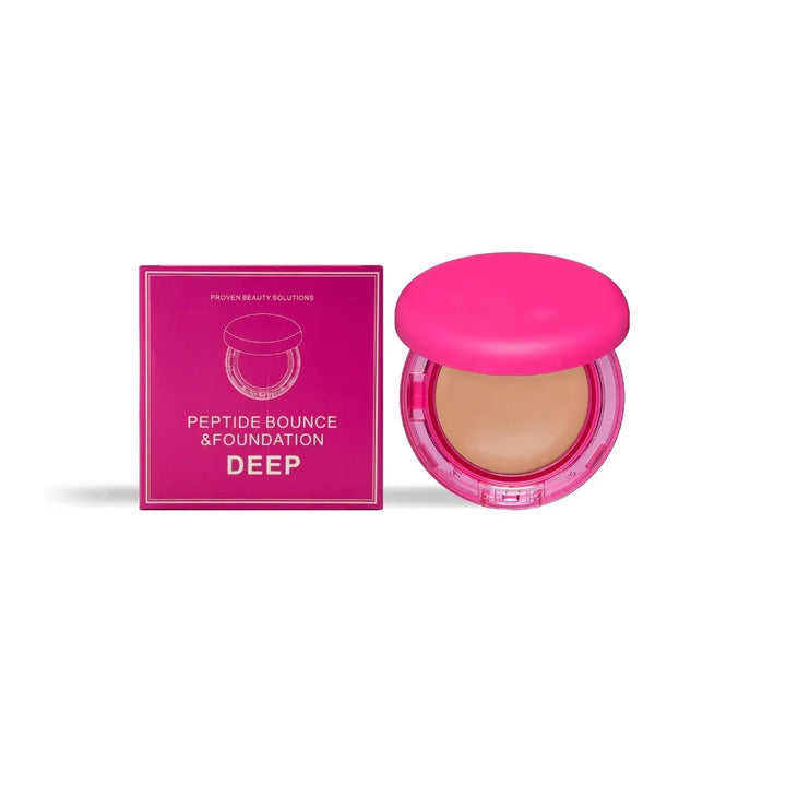 Hydrating foundation in a pink compact next to the matching pink carton labelled DEEP photographed on a clean white backdrop.