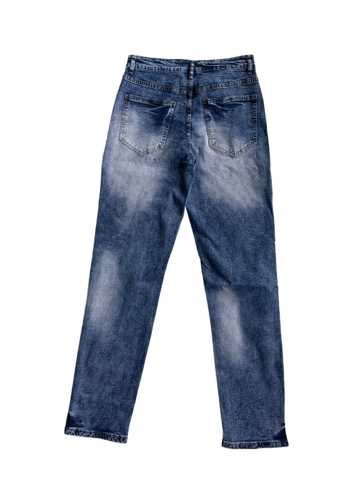 Rear flat lay of blue washed jeans showing two patch pockets, back yoke, belt loops, faded seat panels and straight-leg hems.