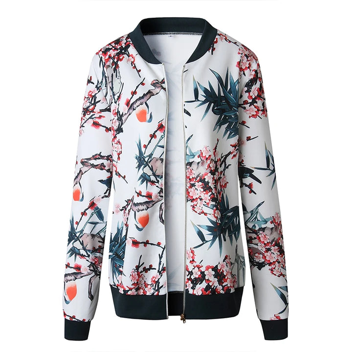 Front product view of this botanical printed jacket with black ribbed collar, cuffs and hem, plus a full length front zipper.