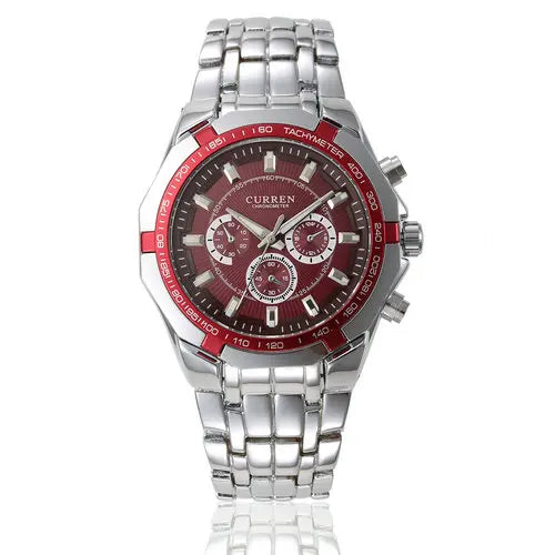 Front view of CURREN 8084 Silver Case Red Dial watch with a red bezel and silver steel bracelet.