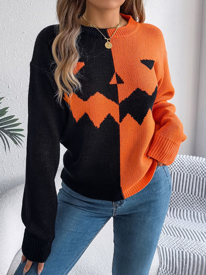 Halloween pumpkin sweater back view – relaxed fit, rib cuffs and neckline