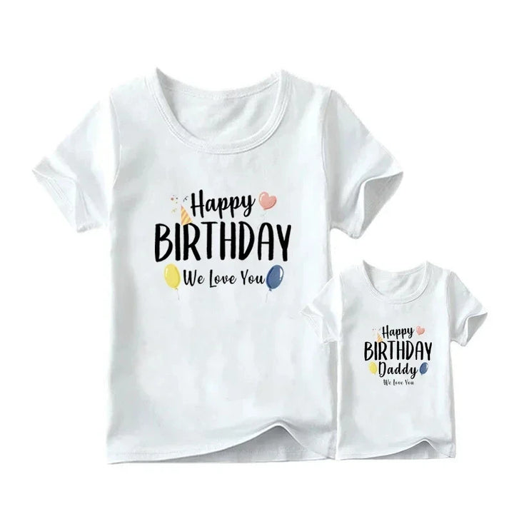 Happy Birthday Daddy shirt flat-lay – white tee, cartoon balloons, unisex fit