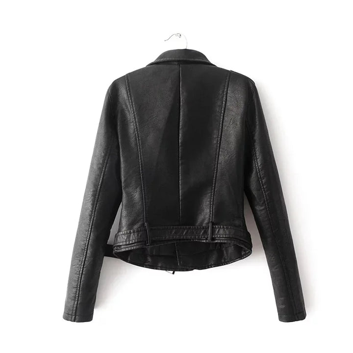 Black belted jacket on a hanger, back view showing long sleeves, panel seams and a matching band running across the lower hem