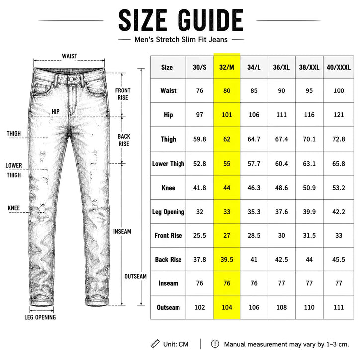 Unverified size guide titled stretch slim fit jeans; measurements and size conversions are not confirmed for this loose model