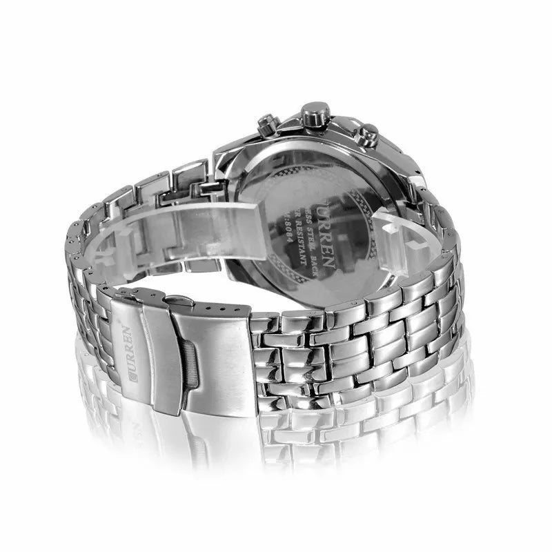 Original back view of the CURREN 8084 watch showing the metal caseback and open folding bracelet clasp.