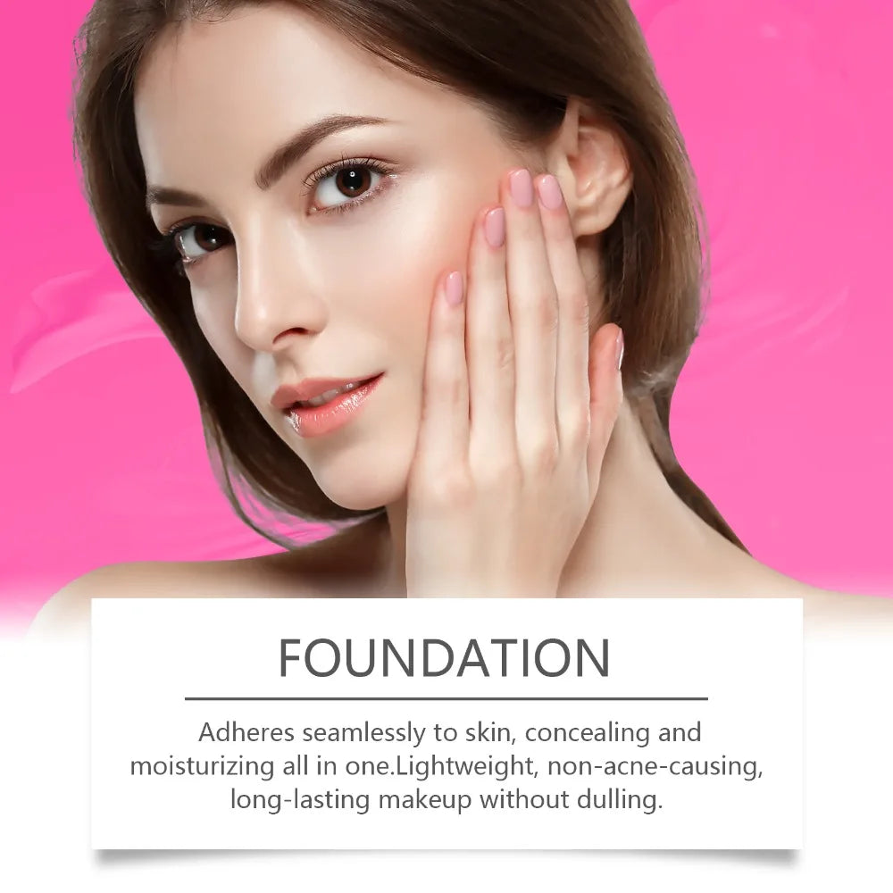Supplier foundation graphic with a short-haired adult woman touching her cheek with printed makeup claims on a pink backdrop.