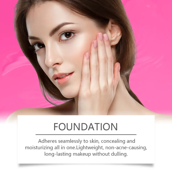 Supplier foundation graphic with a short-haired adult woman touching her cheek with printed makeup claims on a pink backdrop.
