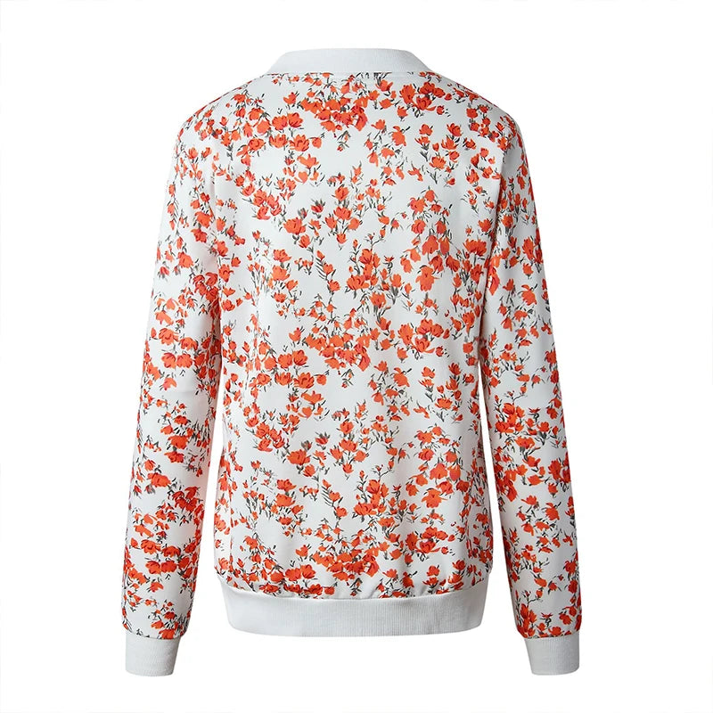 Flower White printed jacket back view on white, with small coral-red flowers, grey foliage and a white ribbed hem on display.
