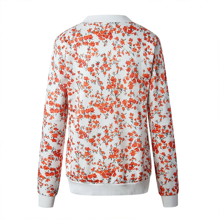 Flower White printed jacket back view on white, with small coral-red flowers, grey foliage and a white ribbed hem on display.