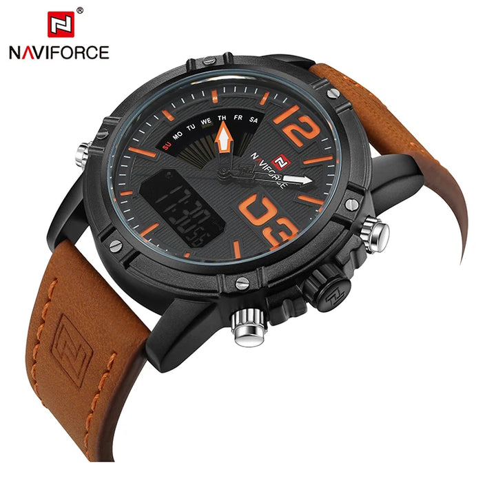 Tan leather strap watch with orange numerals and stitching, black case, analog hands and digital display on white background.