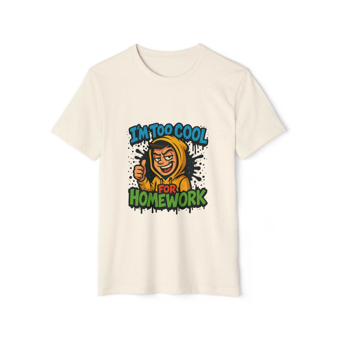 Cream eco-friendly student tee with cool homework print