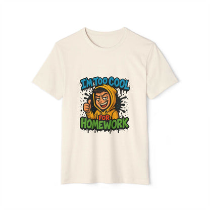 Cream eco-friendly student tee with cool homework print