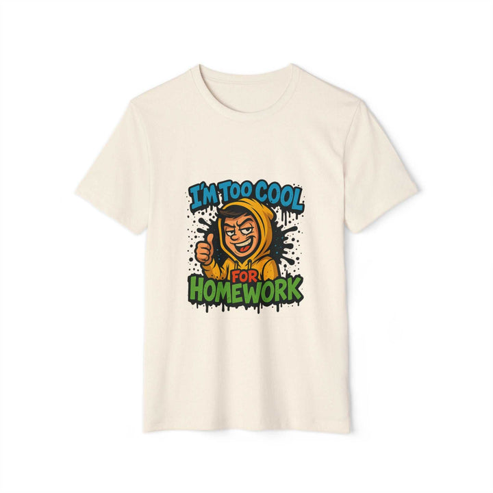 Cream eco-friendly student tee with cool homework print
